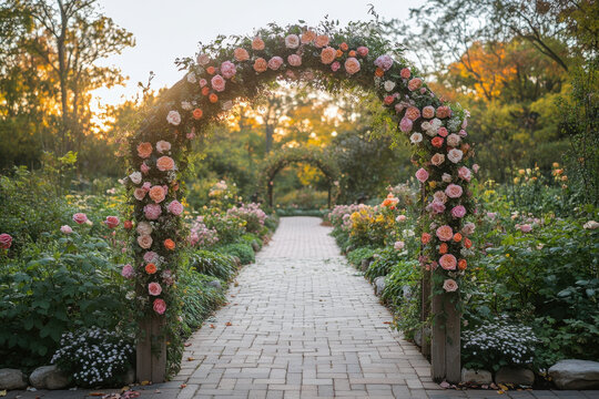 Wedding arch adorned with pink and white flowers.
