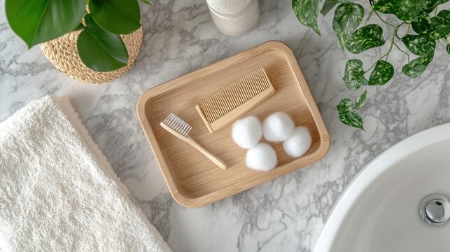 Top-down view of bathroom counter with stylish tray holding combs and cotton swabs