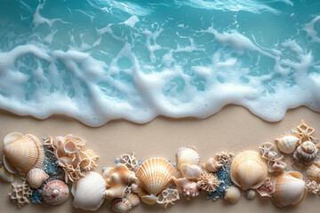 Shells scattered on sandy beach by the sea.