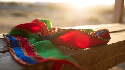 Traditional Djibouti sash with red, green, and blue embroidery on wood, celebrating independence and cultural pride.