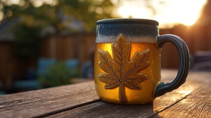 Maple leaf mug with frothy beer on rustic table, celebrating Canada Day with warmth and cheer