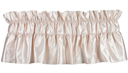 A gathered, light beige window valance with ruffles along the top edge is displayed against a white background.