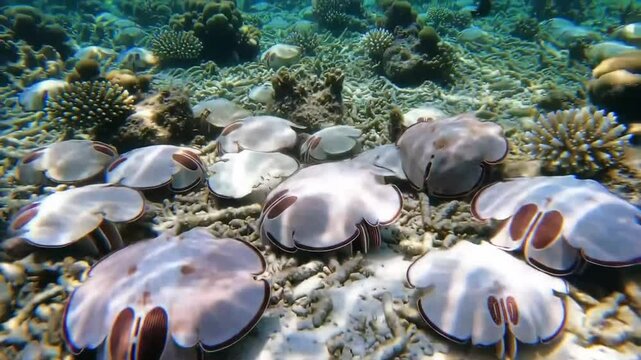 Underwater aggregation of Upside-Down Jellyfish displaying a unique marine ecosystem behavior