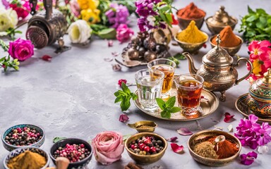 Naklejka premium Marrakech, Morocco, Colorful tea scene with spices and flowers on a stone surface