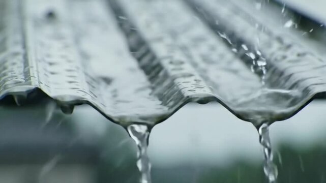 Rainy weather captured in a close-up of water running down corrugated metal roof