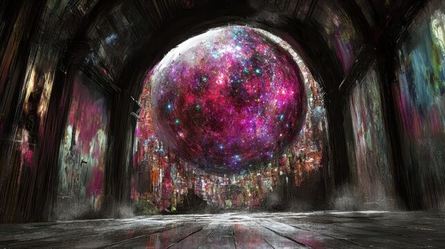Mystic cosmic sphere with vibrant nebula within an ancient subterranean chamber echoing with secrets of untold dimensions and deep time