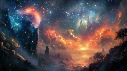 A vibrant, fantastical landscape of the cosmos.