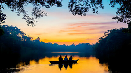 Silhouette People In Boat At Sunrise On Lake With Colorful Sky