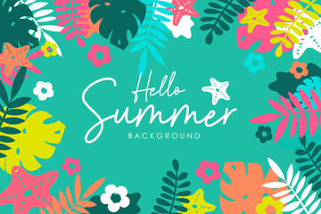 Fun and vibrant 2025 summer foliage illustration with tropical flowers and beach vibes. Colorful summer floral background with exotic leaves and flower. Hello summer 2025