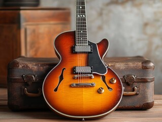 Obraz premium Sunburst Hollow Body Electric Guitar on Vintage Suitcase Musical Instrument