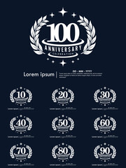 Set of 10-100th years anniversary celebration emblem. congratulations anniversary logo isolated with laurel wreath and stars on Black background. vector illustration template design