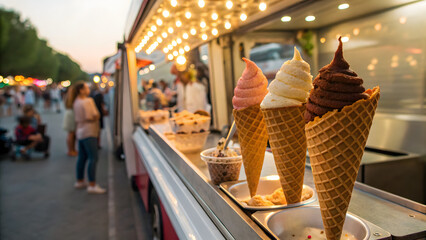 Naklejka premium Ice cream truck serving fresh cones on hot summer day
