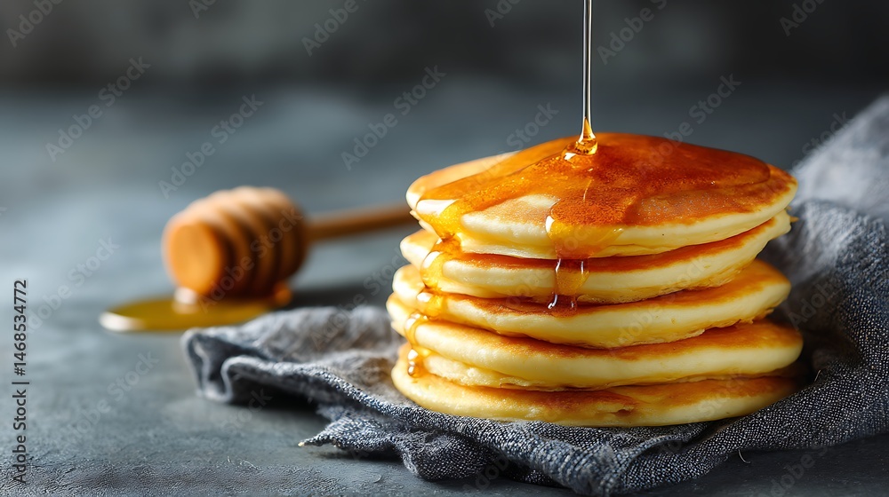 Poster fresh pancakes on table with syrup dripping and grey background
