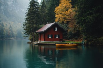 Obraz premium Secluded Red Cabin on Tranquil Lake Surrounded by Lush Autumn Forest