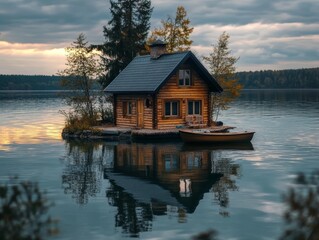 Obraz premium Secluded Wooden Cabin on a Lake Island at Sunset Peaceful Lakeside Retreat