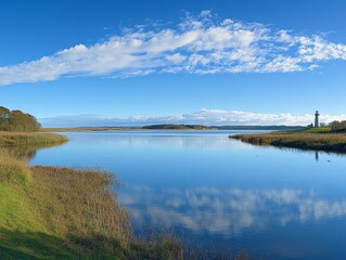 Obraz premium Scenic Coastal Lighthouse and Calm Lake Under a Blue Sky with Clouds