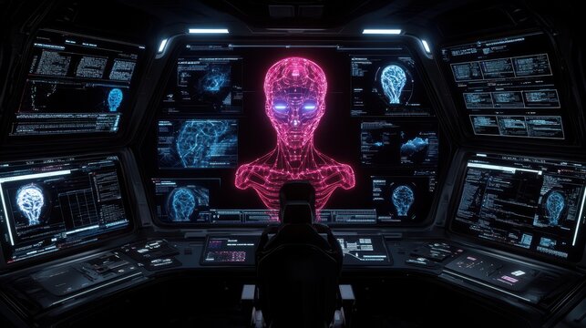 Futuristic cockpit view revealing holographic projection of digital person representing advanced technology and artificial intelligence era