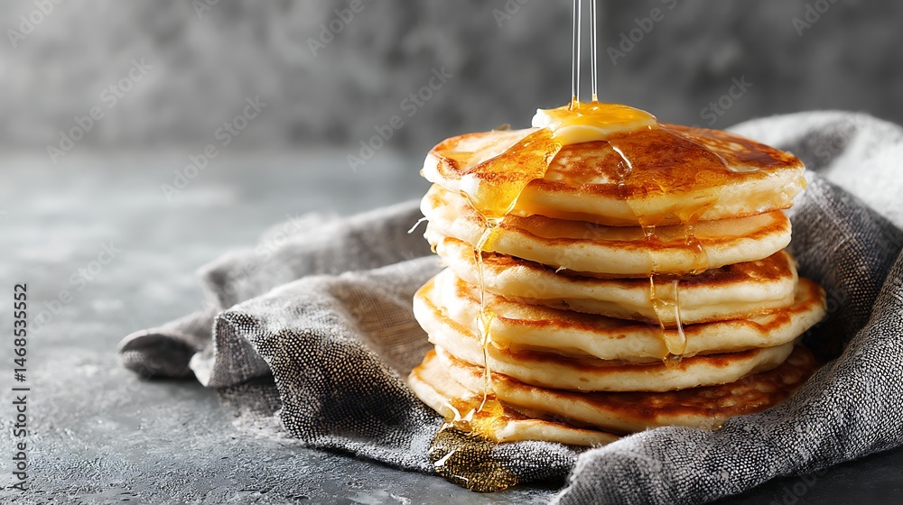 Poster Fresh pancakes on table with syrup dripping and grey background