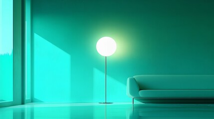 Modern Teal Room Interior Design Minimalist Sofa Floor Lamp and Bright Sunlight