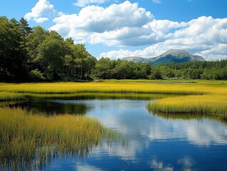 Serene Mountain Lake Landscape with Golden Grass and Lush Green Trees