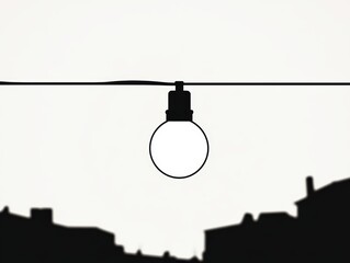 Simple Silhouette of a Hanging Lightbulb Against a City Skyline at Dawn or Dusk