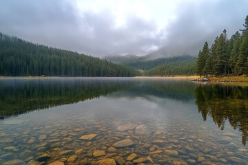 Serene Mountain Lake with Crystal Clear Water and Evergreen Forest Reflection