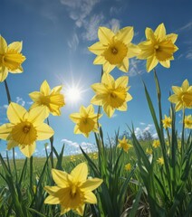 Sunlit yellow daffodils burst forth in a verdant meadow under a brilliant blue sky ,  field,  springtime