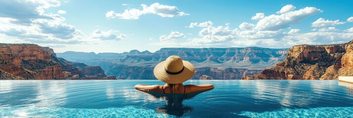 Woman relaxing in a rooftop infinity pool overlooking the Grand Canyon