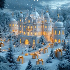 Obraz premium Winter wonderland castle scene with glowing lights.