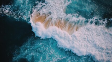 Aerial View of Ocean Waves Crashing on Sandy Shore Turquoise Water White Foam