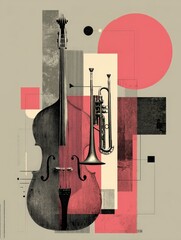 Musical instruments composition cello and trumpet with geometric abstract shapes art background