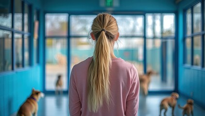 Girl looks out at dogs in a light-filled shelter