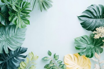 Lush Tropical Monstera Leaves Palm Floral Frame on Pastel Blue Background