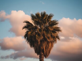 Majestic Palm Tree Silhouette Against a Vibrant Sunset Sky with Fluffy Clouds