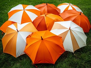 Stack of Orange and White Umbrellas on Green Grass Rainy Day Outdoor Scene