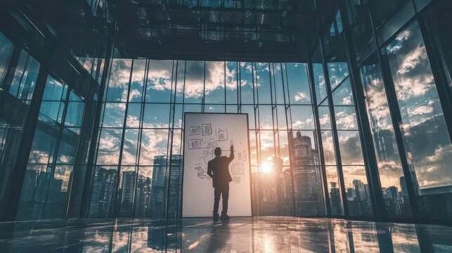 Business Strategist Formulating Growth Plan on Whiteboard with Cityscape Backdrop Inspiring Future Innovations and Entrepreneurial Success