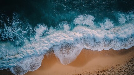 Stunning Aerial View of Ocean Waves Crashing on Sandy Beach
