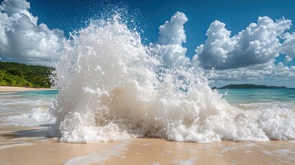 Ocean wave crashing on a tropical beach. Lush tropical foliage visible in the background