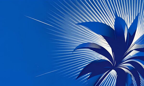 Blue background with white rays of light and a blue palm tree, vector illustration, blue color scheme, 
