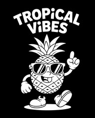 Whimsical pineapple character embodying tropical vibes in monochrome art design
