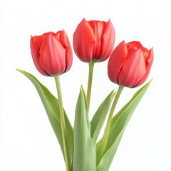 Three red tulips with green leaves on a white background