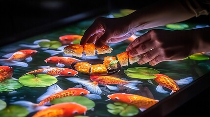 Interactive dining experience ikizukuri served on a digital koi pond table animated fish swimming beneath the dish as diners pick up each slice