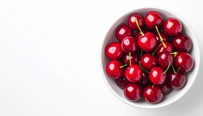 Vibrant red cherries in a pristine white bowl, study in minimalist food photography