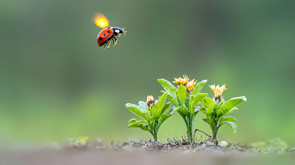 Flying Ladybug Above Small Flowers In Nature