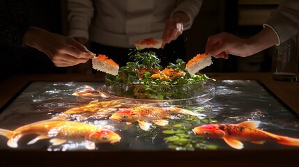 Interactive dining experience ikizukuri served on a digital koi pond table animated fish swimming beneath the dish as diners pick up each slice
