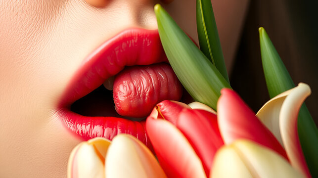 Lips and spring flower. Sexy woman mouth and flowers. Oral sex, orgasm, blowjob, licking flower. Girl lips with tulips.