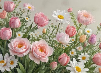 Watercolor floral composition; delicate roses, tulips, daisies, nature's beauty, garden scene, tulips, composition, beauty