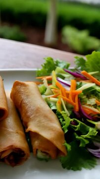 Crispy spring rolls stacked on white plate with dark dipping sauce and fresh salad greens for authentic appetizer experience.