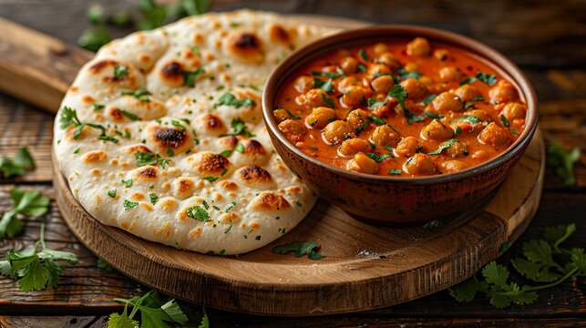 Amritsari Kulcha and Chole, a famous Punjabi street food, featuring stuffed tandoori naan with spicy chickpea masala  HD 8K wallpaper Photographic Image
