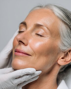 Middle-aged woman receiving cool facial therapy in a sterile aesthetic clinic. Skin appears relaxed, firm, and well-cared for.